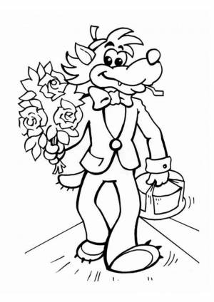 Раскраска Нарядный волк с букетом и тортом