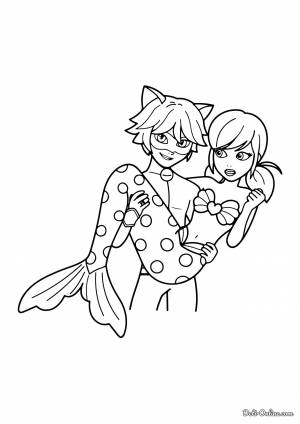 Раскраска Леди Русалка на руках у Кота Нуара