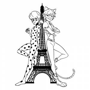 Раскраска Леди Баг и Супер-Кот у Эйфелевой башни