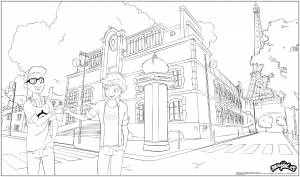 Раскраска Леди Баг и Супер-Кот Нино и Адриан на улицах Парижа