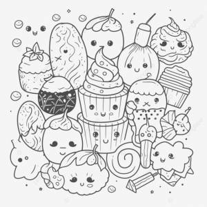 рисунок раскраски для детей забавные леденцы  кексы с милыми персонажами контурный эскиз вектор PNG , книжный рисунок, рисунок торта, рисунок крыла PNG картинки и пнг рисунок для й загрузки