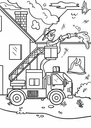 Раскраска пожарный тушит пожар
