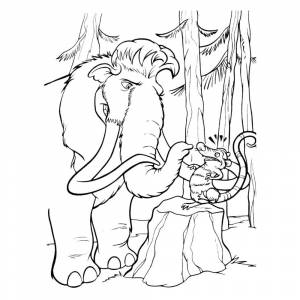 Раскраска Мамонт Мэнни в лесу