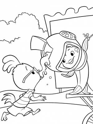 Раскраска Цыпленок с рыбой из воды