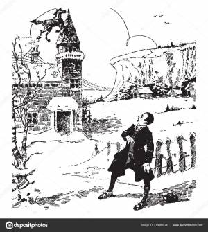 Барон Мюнхгаузен Сцена Показывает Мужчину Смотрящего Лошадь Воздухе Дом Заднем Векторное изображение ©Morphart 218081574