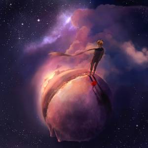 Фото Маленький принц из сказки Антуана де Сент-Экзюпери стоит рядом с розой на планете, art by Niken Anindita