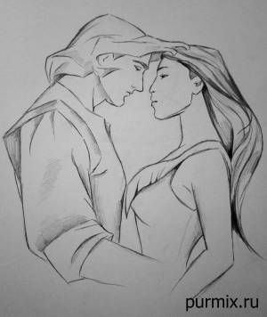 Как рисовать Джона Смита и Покахонтас карандашом поэтапно