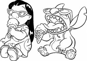 Раскраска Лило и Стич едят мороженое