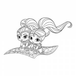 Раскраска Шиммер и Шайн на ковре-самолёте