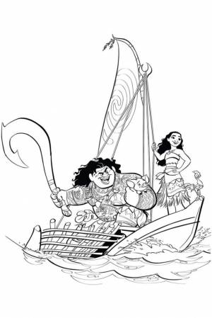 Раскраска Моана и друзья в лодке