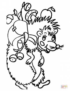 Раскраска Ёжик несет яблоко, грибы и ягоды