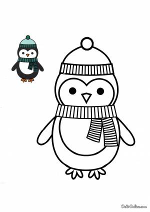 Раскраска Пингвин в шапке с цветным образцом