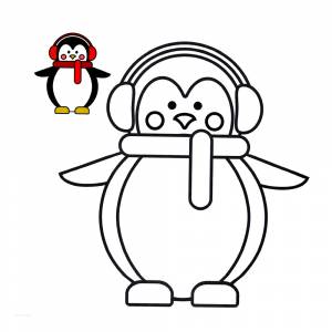 Раскраска Пингвин в наушниках с цветным образцом