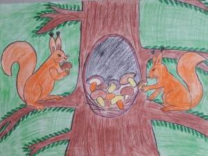 Детский рисунок белка в дупле