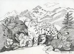 Картина «Снежный барс» Бумага, Тушь 2022 г