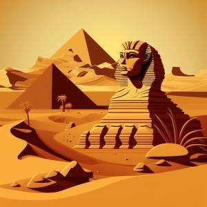 Рисунок сфинкса в пустыне на фоне пирамиды