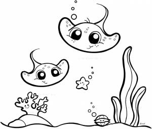 Раскраски Раскраска Два маленьких ската и водоросли морские животные