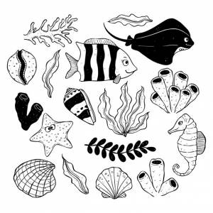 Ручной рисунок морской жизни скат морская звезда раковина морского конька и водорослей