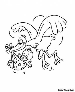Раскраска Мультяшный аист несет ребенка для детей
