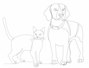 Один непрерывный рисунок кошки и собаки, вектор