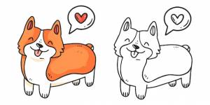 Счастливая раскраска собаки породы корги с примером раскраски для детей раскраска