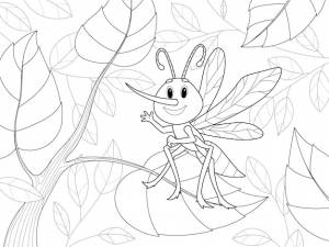 Веселое насекомое комар среди ветвей деревьев детская картинка раскраска черный штрих белый фон
