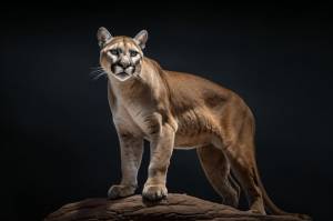 Пума стоит на скале на темном фоне