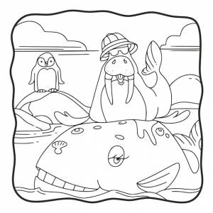 Карикатура иллюстрации морж сидит на ките книжка-раскраска  страница для детей черно-белая