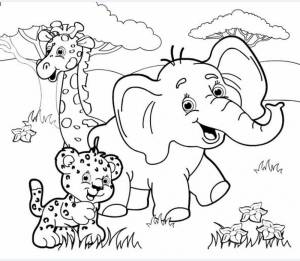 Раскраска Слон, тигр, жираф