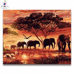Раскраска по номерам «сделай сам», животное закат, африканский слон, стадо, картины по номерам с комплектом посылка вок на холсте