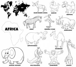 Карикатура иллюстрации набор африканских животных символов раскраски страницы книги