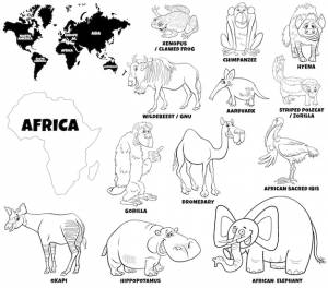 Карикатура иллюстрации набора африканских животных и форм континентов раскраски страницы книги