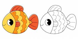 Золотая рыбка раскраска с примером раскраски для детей раскраска с рыбкой монохромная и цветная