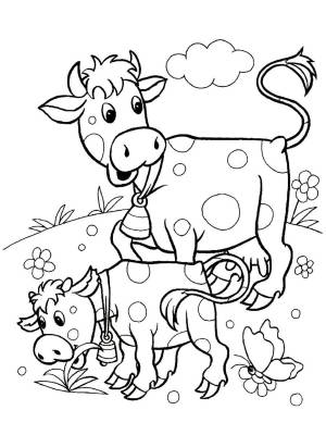 Раскраска «Корова и телёнок на полянке»