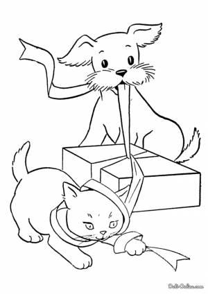 Раскраска Кошка и собака открывают подарок