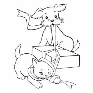 Раскраска Кошка и собака открывают подарок