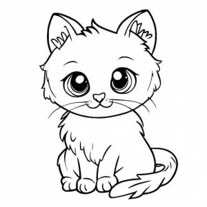 Кошка с большими глазами сидит на черно-белом рисунке милый котенок раскраски для детей