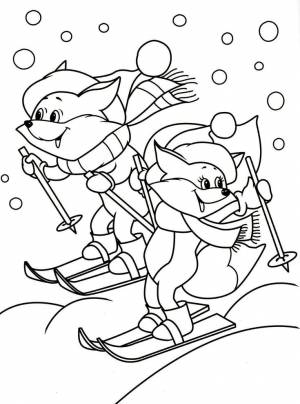 Раскраска «Лисички на лыжах»