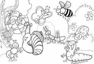 ilustración de dibujos animados de insectos divertidos en el prado de libro para colorear