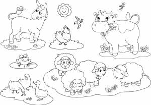Раскраски Раскраска Ослик курочка лягушка гуси коровка и овечки играют вместе