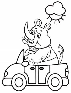 Раскраска Носорог катается на машине