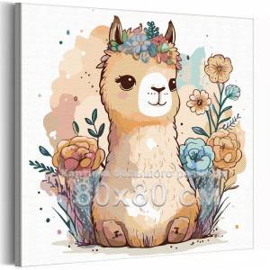 AAAA-Q1410-80x80 Маленькая лама с цветами Животные Для детей Детская Для девочек 80х80 Раскраска картина по номерам на холсте недорого