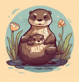 Карикатурный рисунок выдры с младенцем на руках