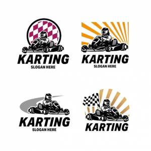 Kart racing emblems logo векторная иллюстрация гонщик на картинге с шаблоном логотипа шлема