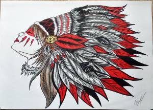 Рисунки карандашом, индеец, лицо, перья