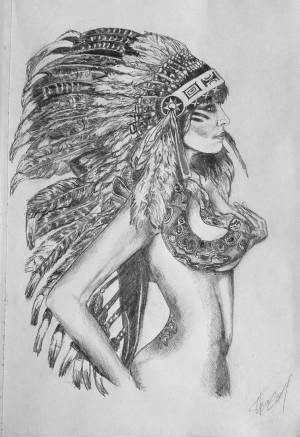 рисунки карандашом, графика, черно-белые, девушка, тело, индейка