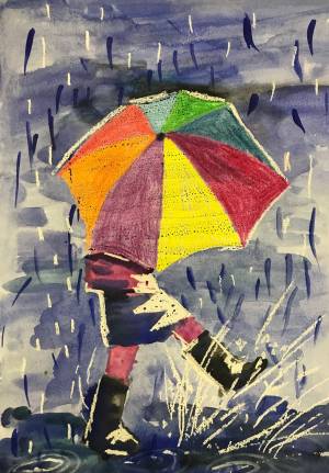 Под дождем, акварель, восковые мелки