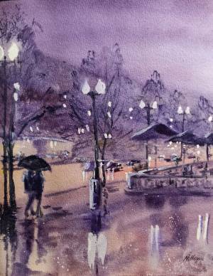 Акварельная картина Дождь, зонты и фонари