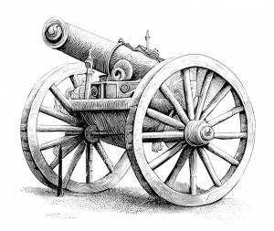 Рисунок пушки с деревянным колесом и словом пушка на нем