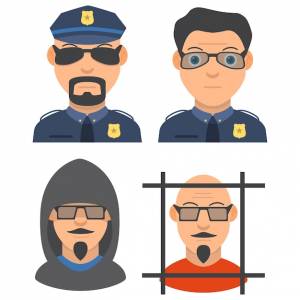 Набор персонажей полицейский и воры преступник в капюшоне и за решеткой